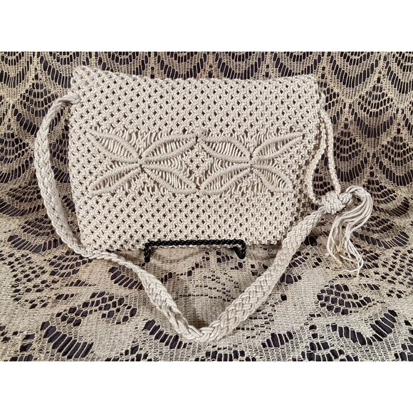 Vintage 50s Macrame Purse 1950s Ivory Off White Boho Retro 1950s Summer Bag - Picture 2 of 4